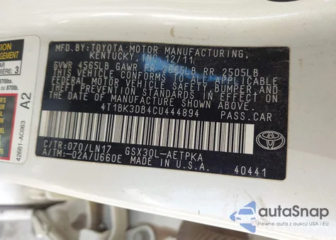2012 Toyota Avalon Limited from USA, damaged, VIN 4T1BK3DB4CU444894